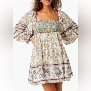 Free People Endless Afternoon Print Long Sleeve Mini Dress. Purple & White